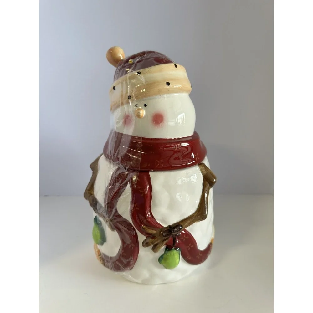 Nonni's Hand PaintedCeramic Snowman Cookie Jar Christmas Holiday Decor Red White